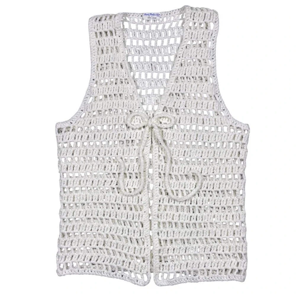 Vintage Hand Crocheted Cream Vest Tie Front Boho Regencycore Hippie‎ Open Knit - Picture 5 of 7